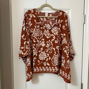 Elegant Floral Women's Blouse in Rust and White